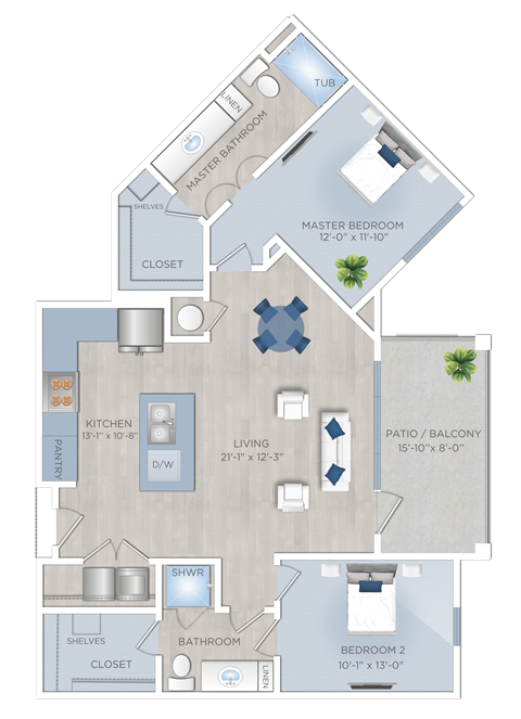 Floor plan for 2 beds, 2 baths, 1173 sqft